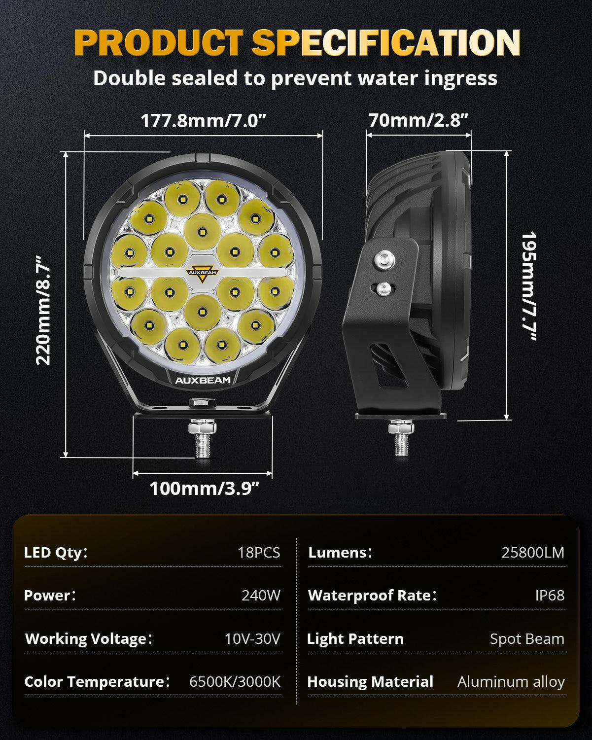 AUXBEAM RAY-L SERIES | 7 INCH 240W 25800LM DUAL DRL OFFROAD LED DRIVING LIGHTS - SLBSTORE