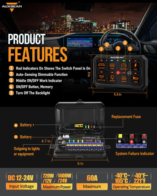 RGB SERIES 8 GANG (RA80 XL) SWITCH PANEL, LARGER SIZE, TOGGLE/ MOMENTARY/ PULSED MODE SUPPORTED - SLBSTORE