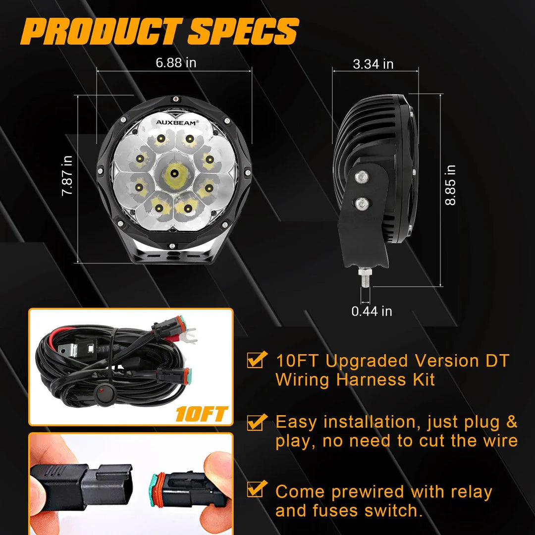Auxbeam 7" Round Driving Lights LED Off Road Lights 9000LM 90W (Pack Of 2) - SLBSTORE