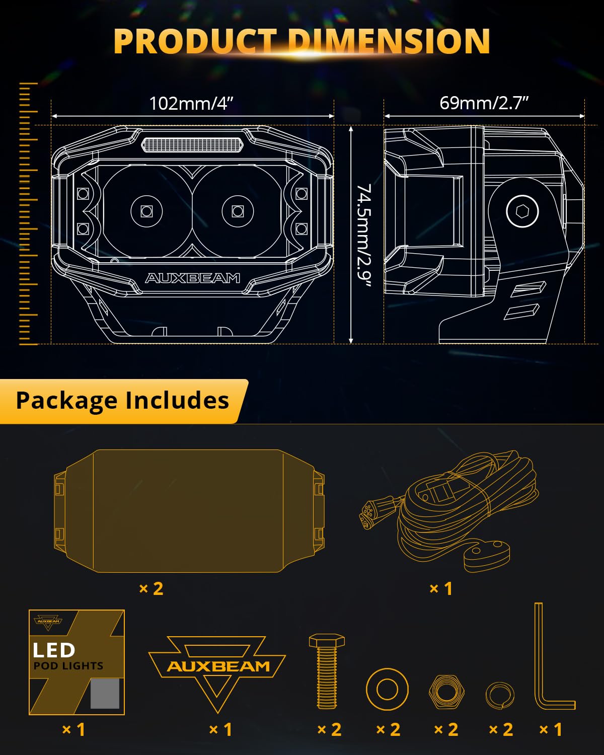 Auxbeam V-MAX Series Led Pods Lights with Amber Covers - SLBSTORE