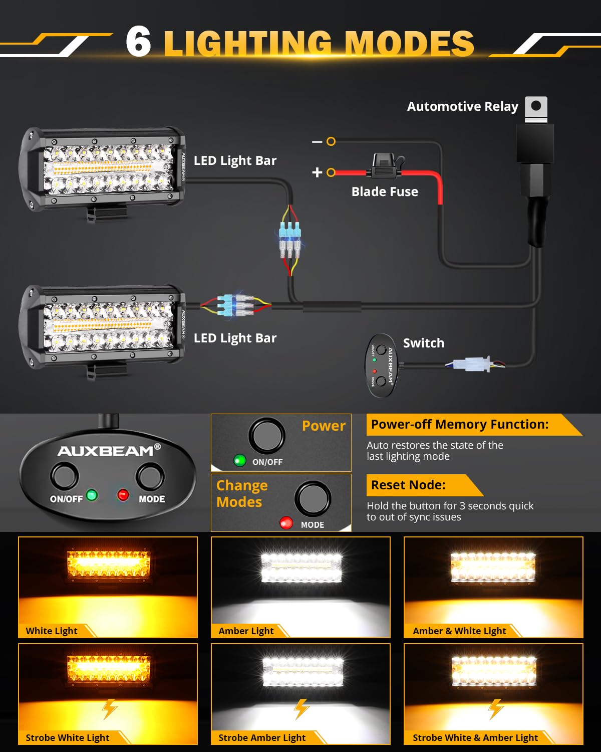 Auxbeam 6 MODES SERIES WHITE&AMBER LED LIGHT BARS 3 INCH/4INCH/7INCH/12INCH/20INCH/22 INCH/30 INCH/42 INCH/50 INCH