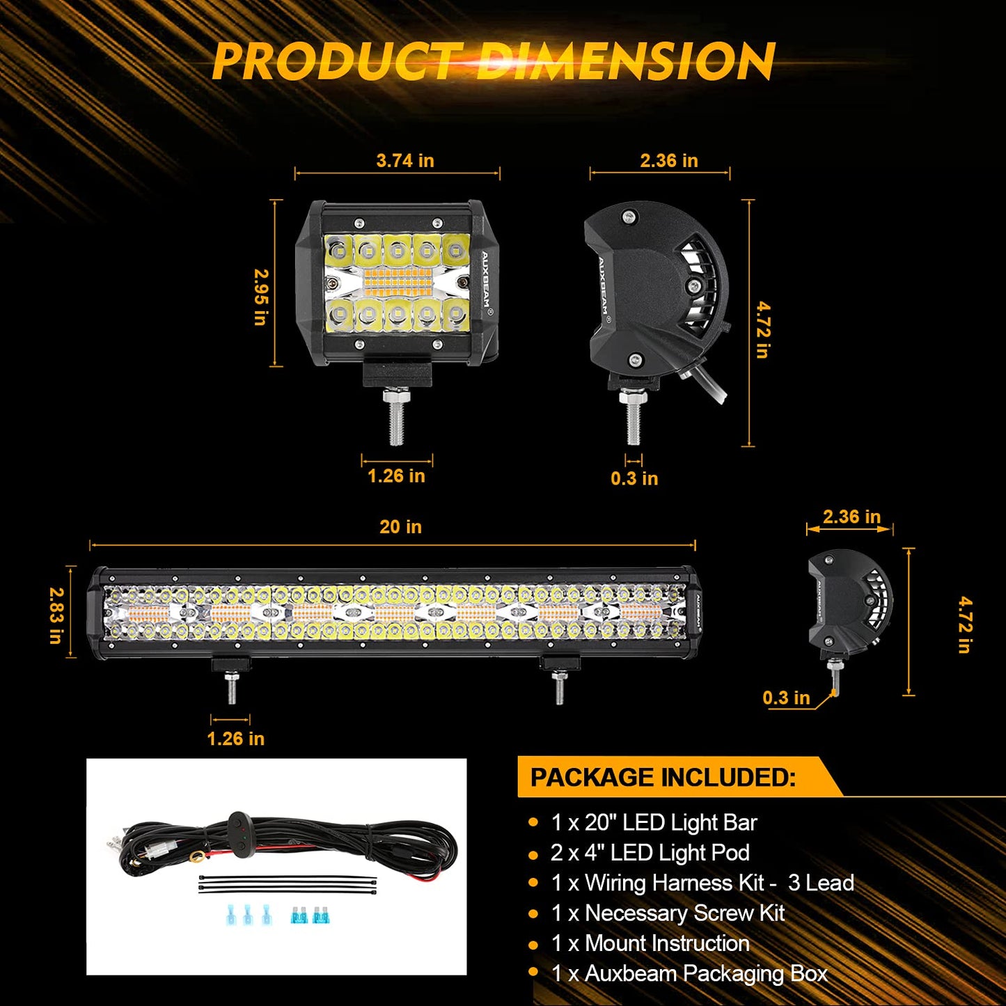 Auxbeam 6 MODES SERIES WHITE&AMBER LED LIGHT BARS 3 INCH/4INCH/7INCH/12INCH/20INCH/22 INCH/30 INCH/42 INCH/50 INCH