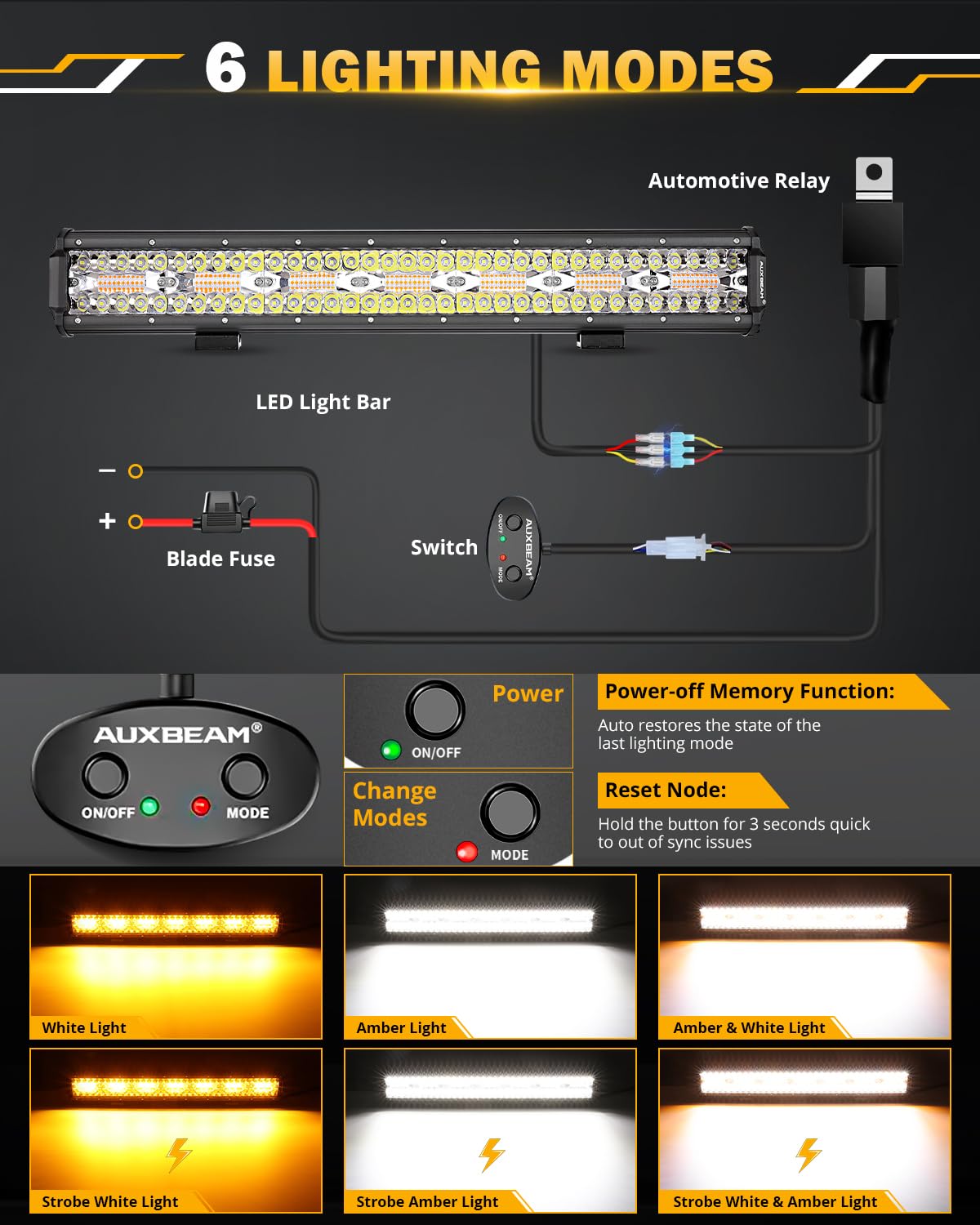 Auxbeam 6 MODES SERIES WHITE&AMBER LED LIGHT BARS 3 INCH/4INCH/7INCH/12INCH/20INCH/22 INCH/30 INCH/42 INCH/50 INCH