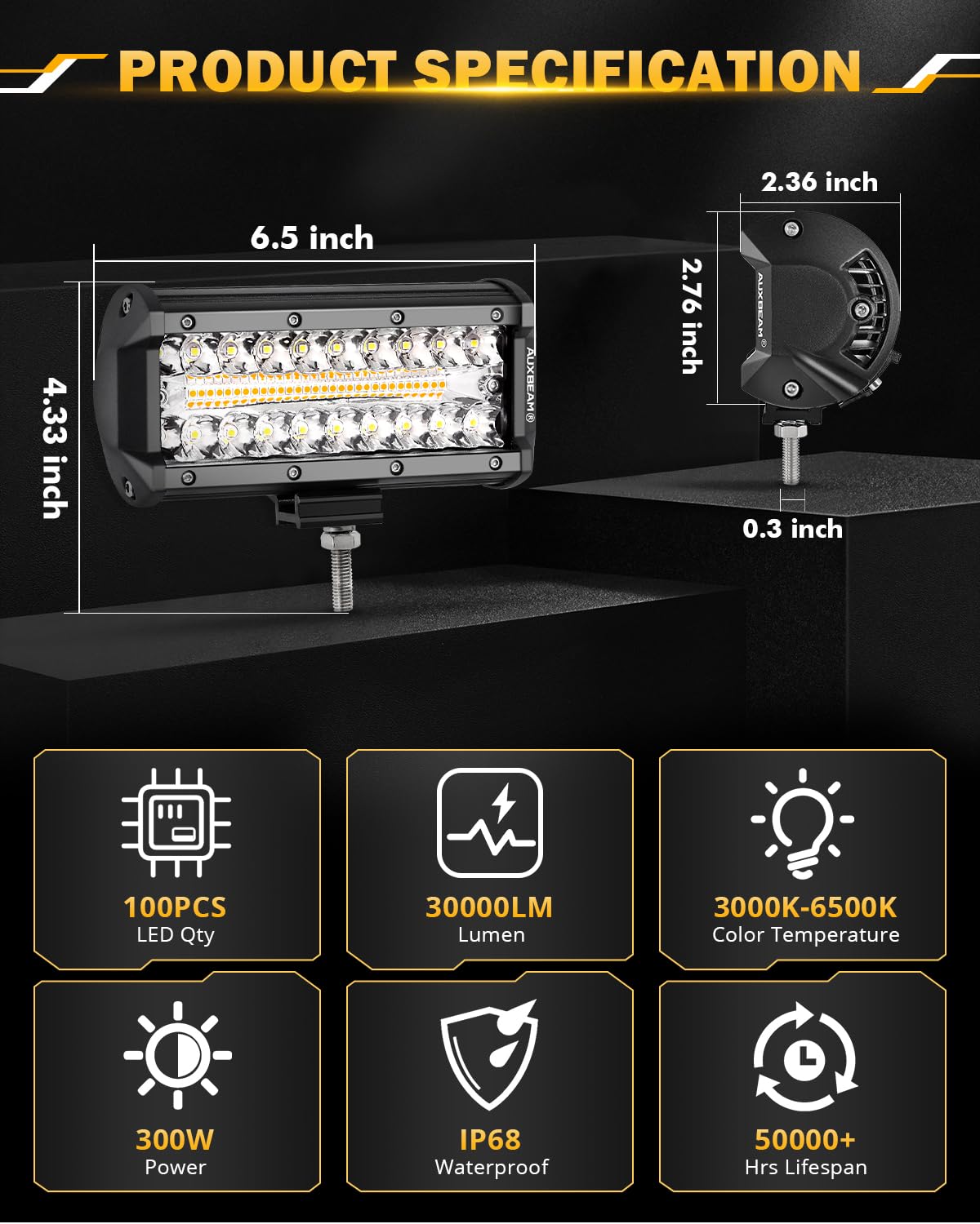 Auxbeam 6 MODES SERIES WHITE&AMBER LED LIGHT BARS 3 INCH/4INCH/7INCH/12INCH/20INCH/22 INCH/30 INCH/42 INCH/50 INCH