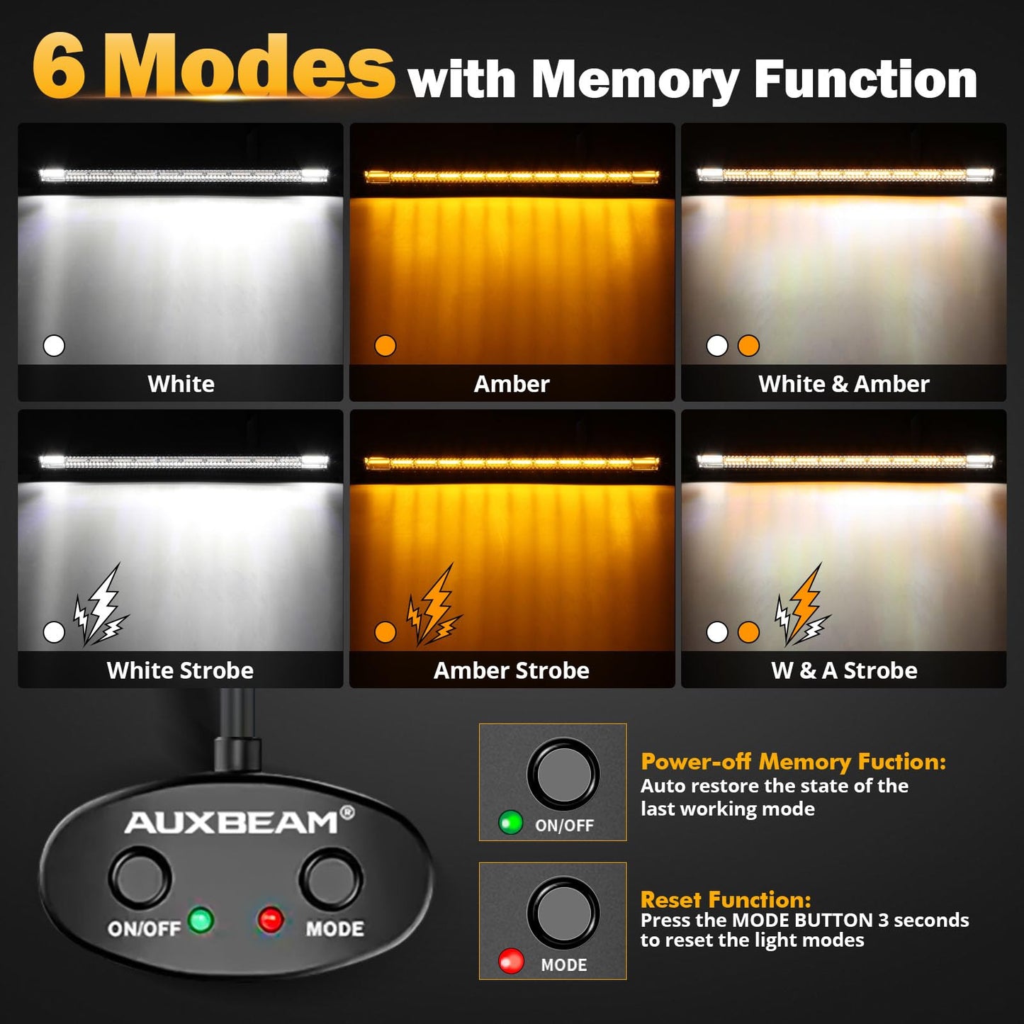 Auxbeam 6 MODES SERIES WHITE&AMBER LED LIGHT BARS 3 INCH/4INCH/7INCH/12INCH/20INCH/22 INCH/30 INCH/42 INCH/50 INCH