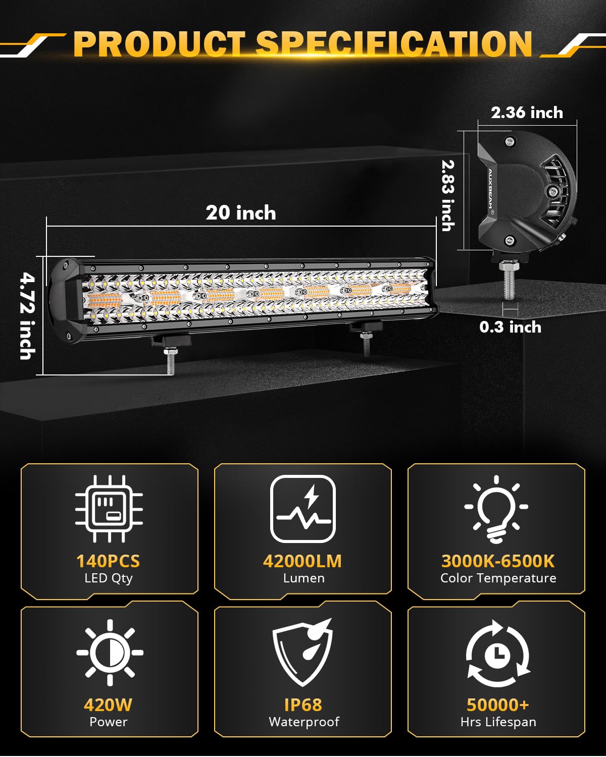 Auxbeam 6 MODES SERIES WHITE&AMBER LED LIGHT BARS 3 INCH/4INCH/7INCH/12INCH/20INCH/22 INCH/30 INCH/42 INCH/50 INCH