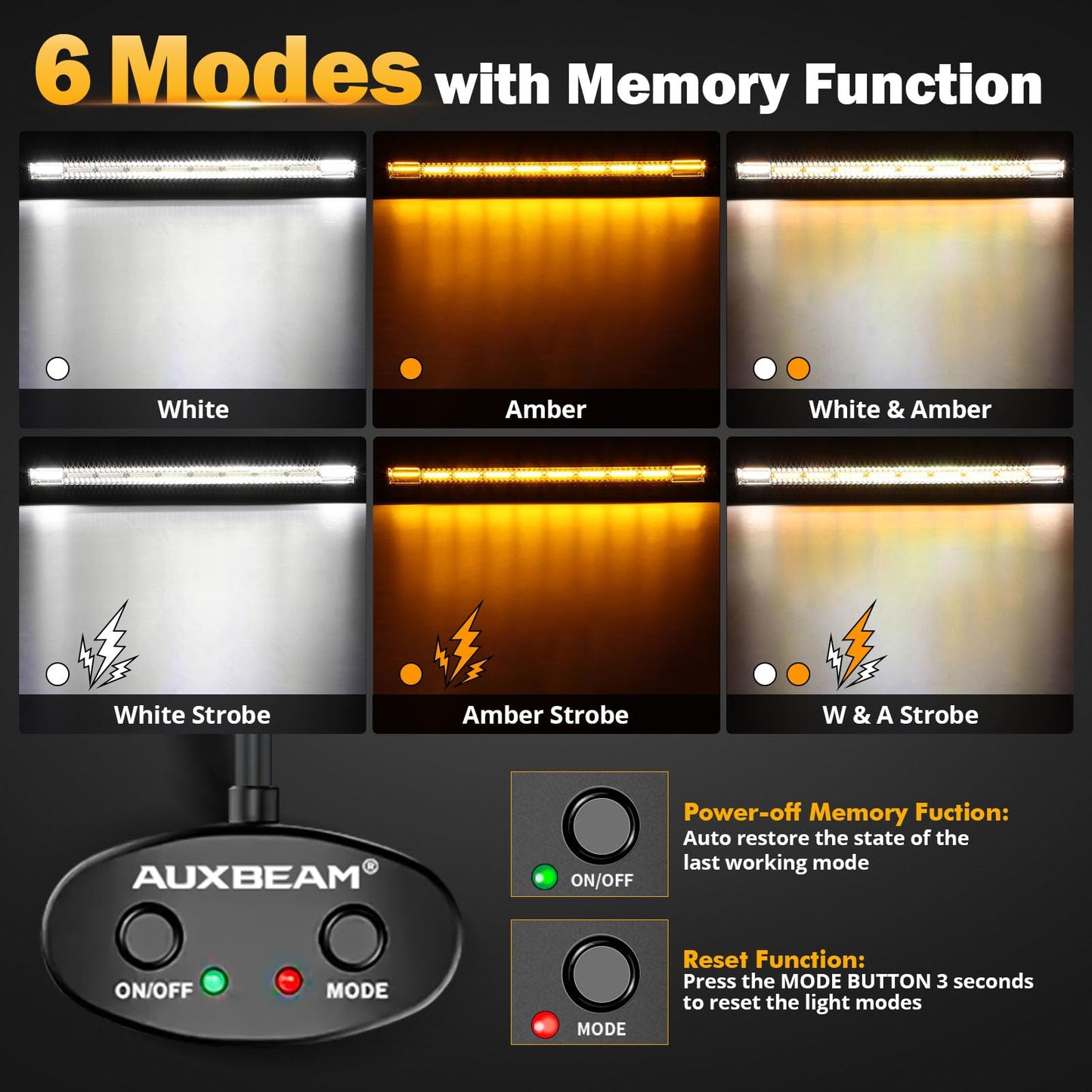 Auxbeam 6 MODES SERIES WHITE&AMBER LED LIGHT BARS 3 INCH/4INCH/7INCH/12INCH/20INCH/22 INCH/30 INCH/42 INCH/50 INCH