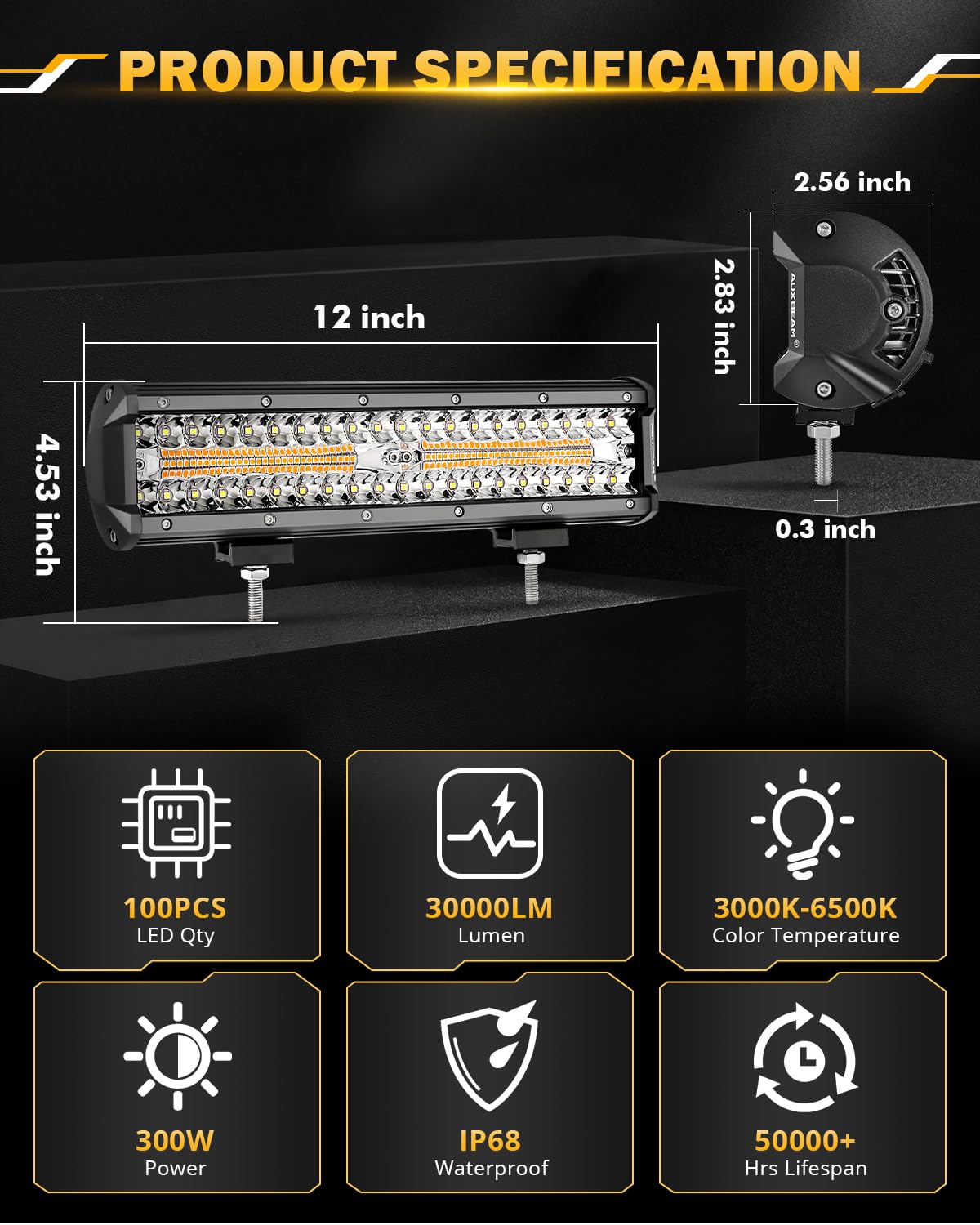 Auxbeam 6 MODES SERIES WHITE&AMBER LED LIGHT BARS 3 INCH/4INCH/7INCH/12INCH/20INCH/22 INCH/30 INCH/42 INCH/50 INCH