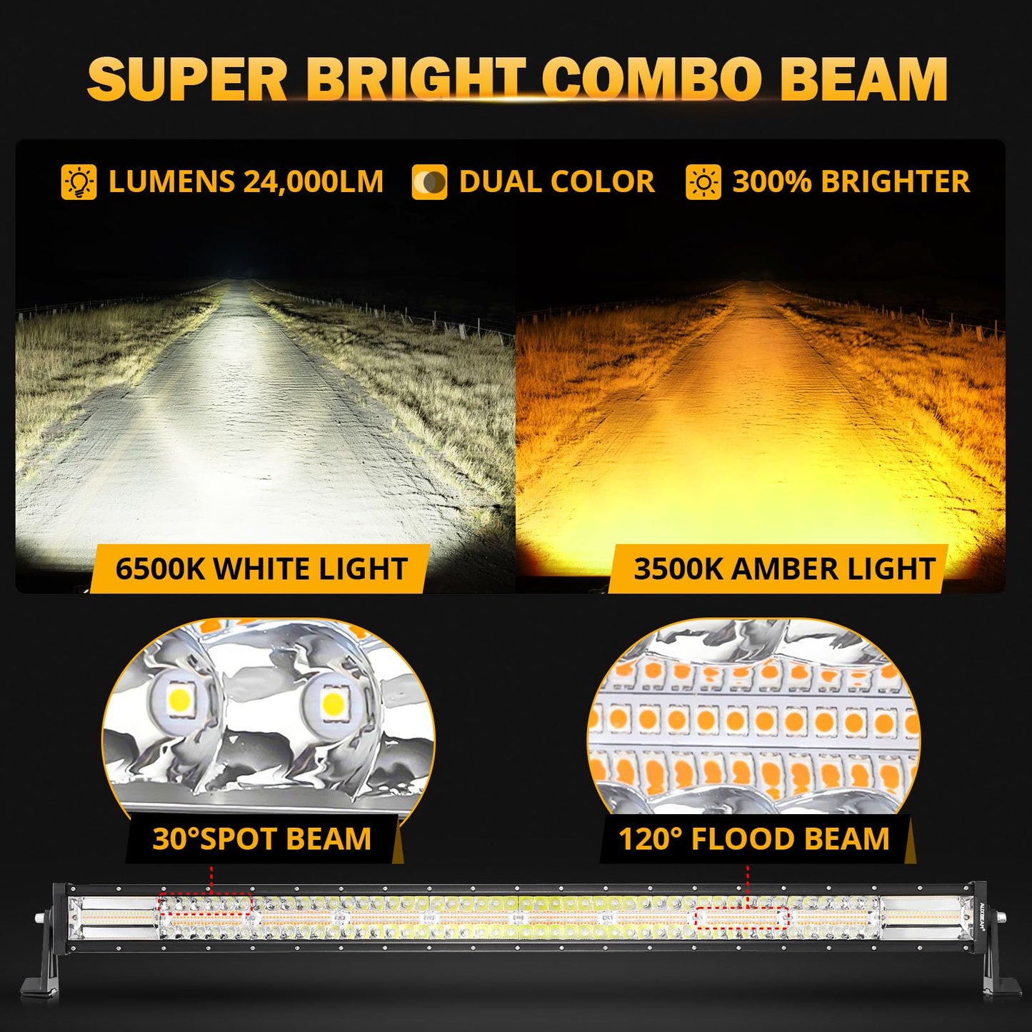 Auxbeam 6 MODES SERIES WHITE&AMBER LED LIGHT BARS 3 INCH/4INCH/7INCH/12INCH/20INCH/22 INCH/30 INCH/42 INCH/50 INCH