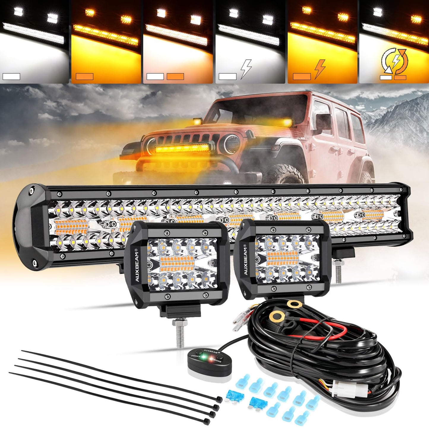 Auxbeam 6 MODES SERIES WHITE&AMBER LED LIGHT BARS 3 INCH/4INCH/7INCH/12INCH/20INCH/22 INCH/30 INCH/42 INCH/50 INCH