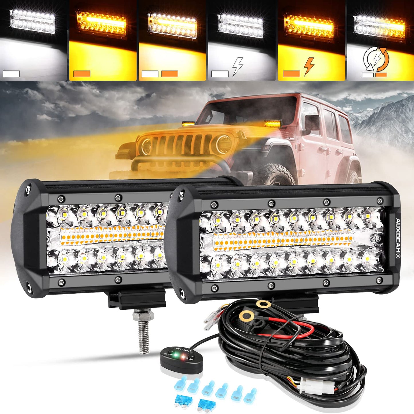 Auxbeam 6 MODES SERIES WHITE&AMBER LED LIGHT BARS 3 INCH/4INCH/7INCH/12INCH/20INCH/22 INCH/30 INCH/42 INCH/50 INCH