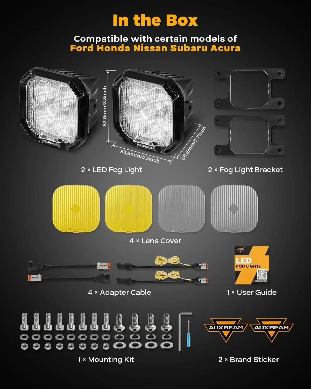 AUXBEAM 3" LED Fog Light Kit For Ford Honda Nissan Subaru Acura - SLBSTORE