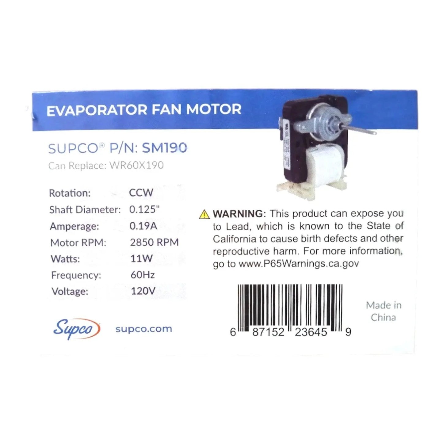 Supco SM190 Refrigerator Evaporator Fan Motor for GE WR60X190 - SLBSTORE
