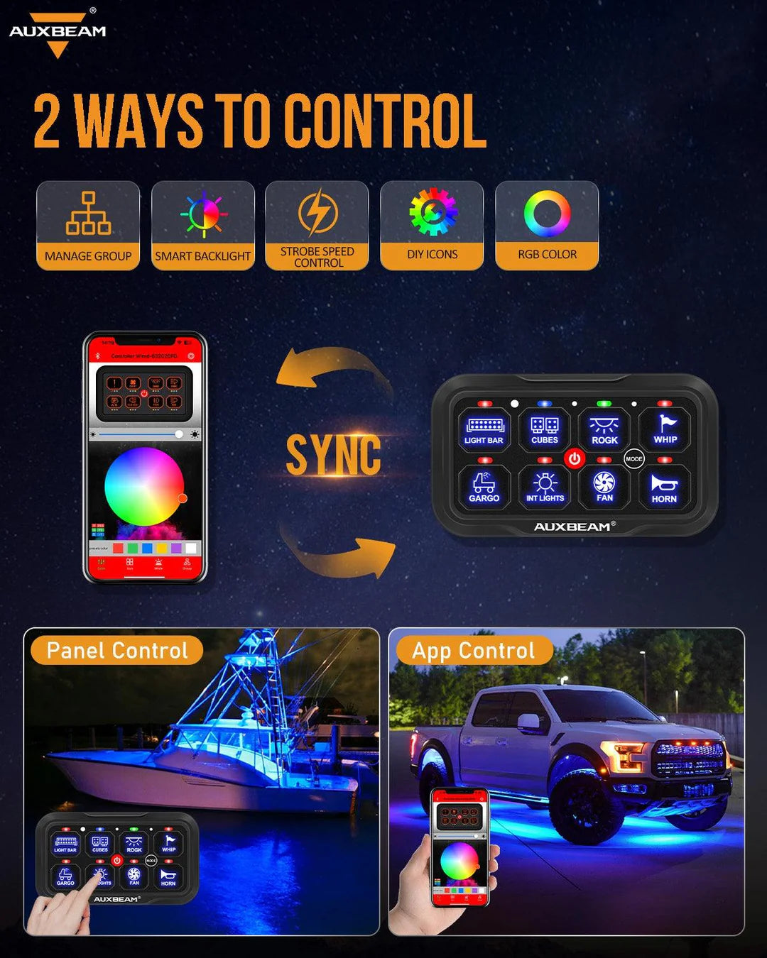 AR-800 RGB Switch Panel with APP, Toggle/ Momentary/ Pulsed Mode Supported(One-Sided Outlet) - SLBSTORE