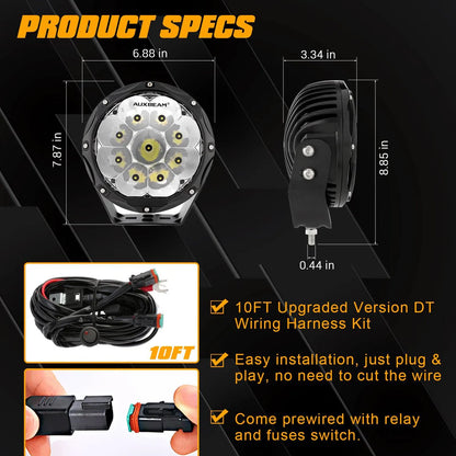 Auxbeam 7" Round Driving Lights LED Off Road Lights 9000LM 90W (Pack Of 2) - SLBSTORE