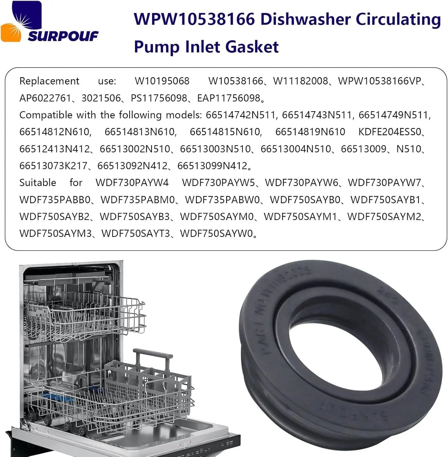 Dishwasher Circulation Pump Inlet Grommet - Compatible with Whirlpool Kenmore - Replaces WPW10538166 - SLBSTORE