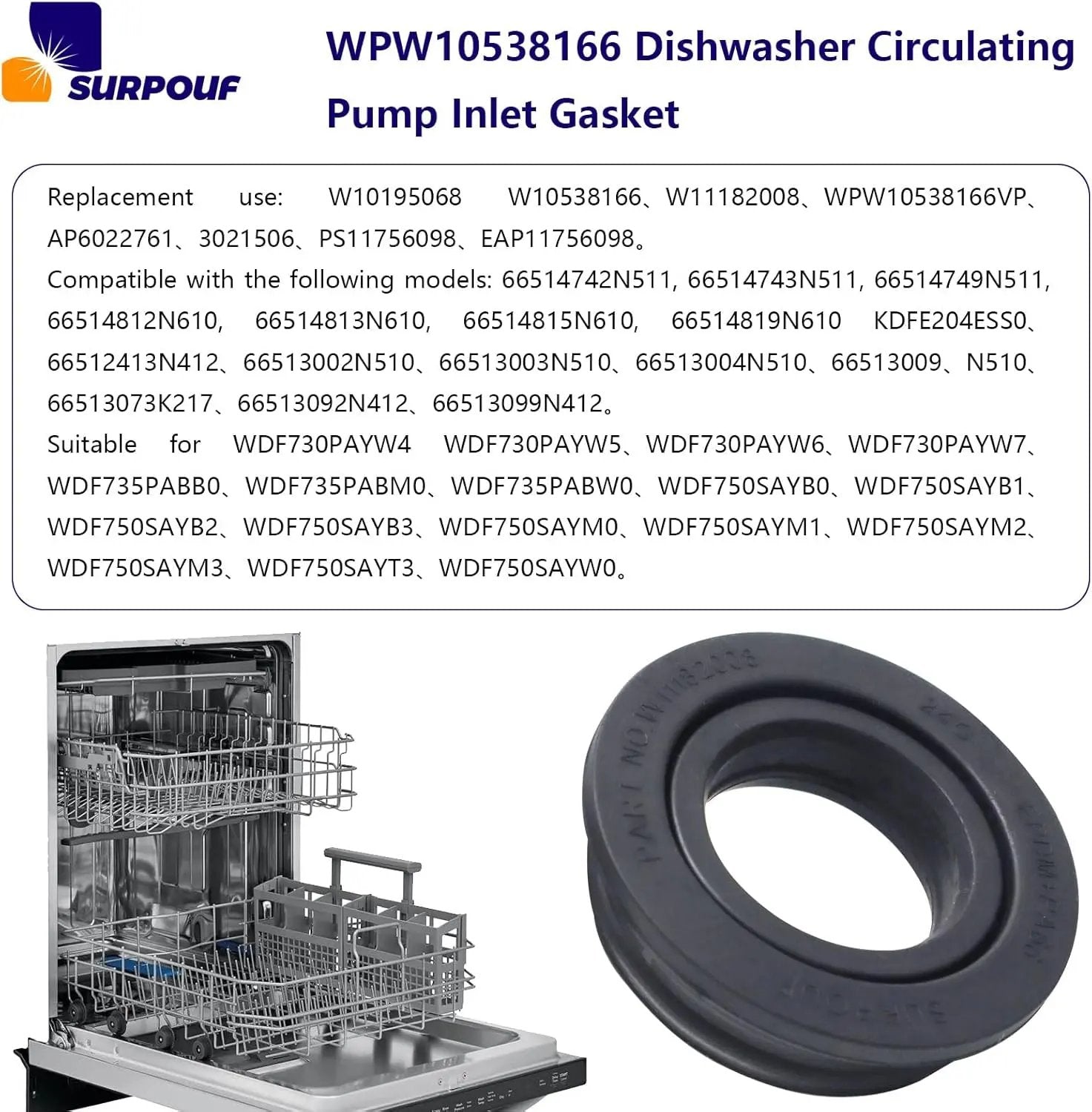 Dishwasher Circulation Pump Inlet Grommet - Compatible with Whirlpool Kenmore - Replaces WPW10538166 - SLBSTORE