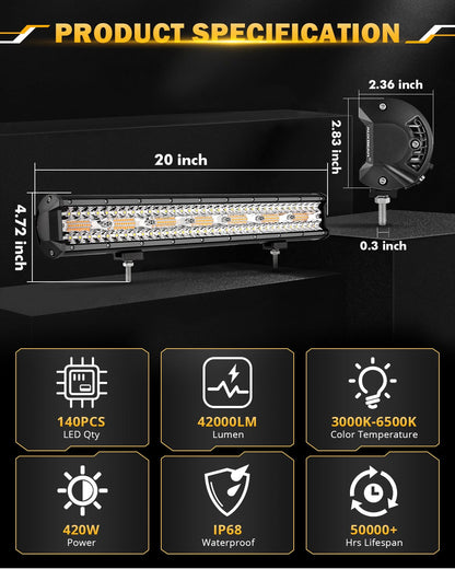 Auxbeam 6 MODES SERIES WHITE&AMBER LED LIGHT BARS 3 INCH/4INCH/7INCH/12INCH/20INCH/22 INCH/30 INCH/42 INCH/50 INCH