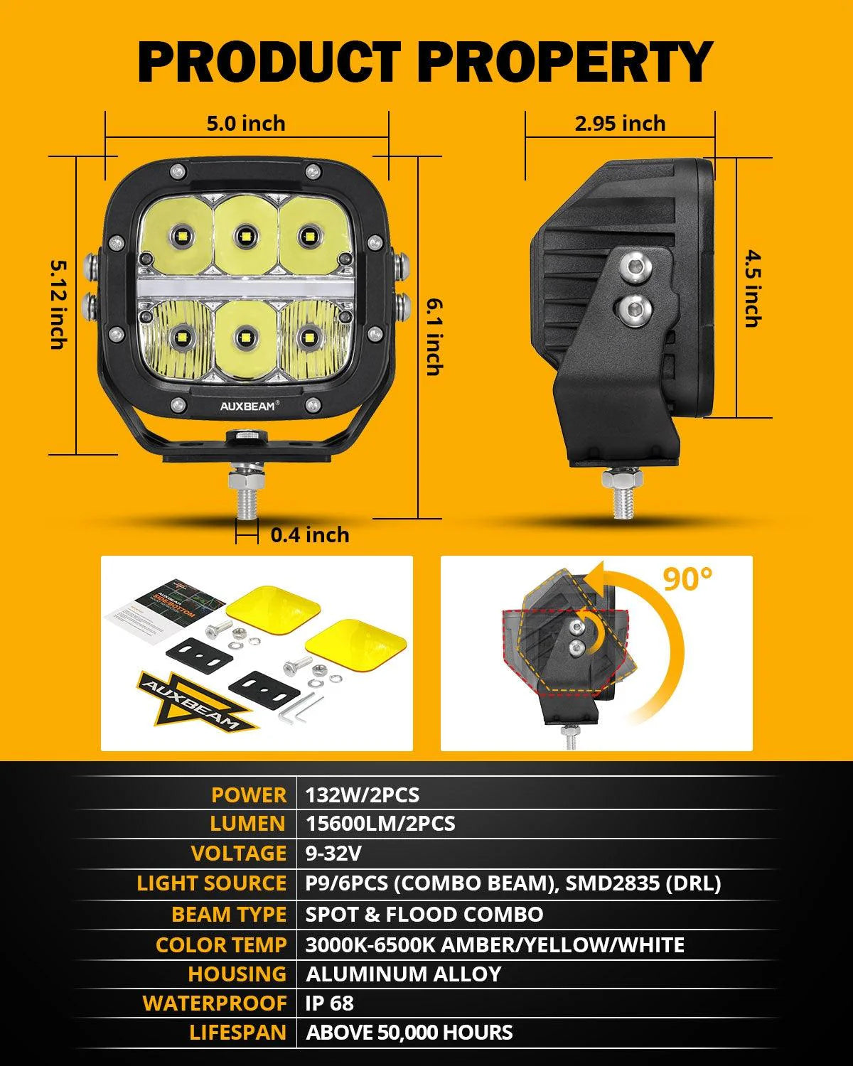 Auxbeam 5" XP-Ultra Series LED Offroad Light With Amber DRL 132W 15600LM (2 Pcs) - SLBSTORE