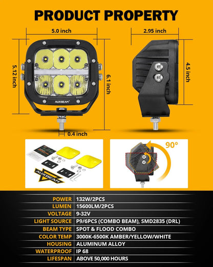 Auxbeam 5" XP-Ultra Series LED Offroad Light With Amber DRL 132W 15600LM (2 Pcs) - SLBSTORE