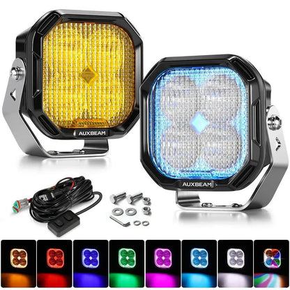 AUXBEAM 3" 116W RGB LED Pod Lights FLOOD Beam 8 Color Lights Color Play 12960 LM - SLBSTORE