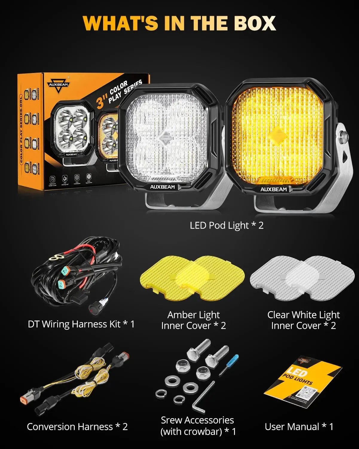 AUXBEAM 3" 100W DRL LED Pod Lights FLOOD Beam With White DRL & Amber Turn Signal - SLBSTORE