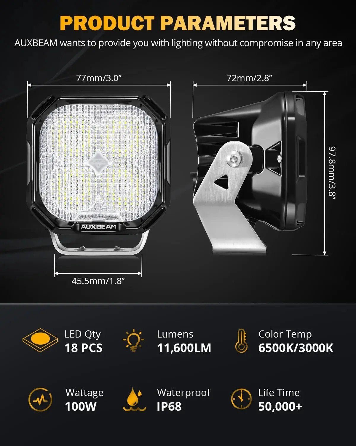 AUXBEAM 3" 100W DRL LED Pod Lights FLOOD Beam With White DRL & Amber Turn Signal - SLBSTORE