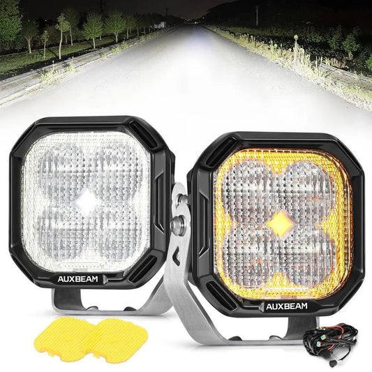 AUXBEAM 3" 100W DRL LED Pod Lights FLOOD Beam With White DRL & Amber Turn Signal - SLBSTORE